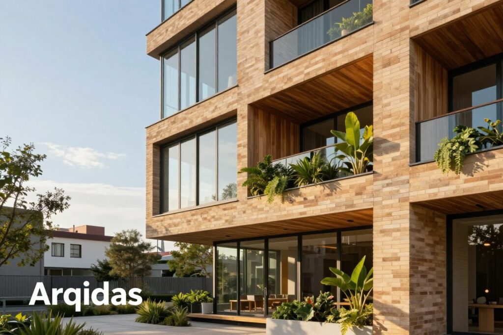 A captivating architectural scene showcasing a harmonious blend of materials, colors, and textures that evoke emotions and comfort. In the foreground, a sleek modern building with a facade of warm wood and soft earth-toned bricks, accented by vibrant green plants. The middle ground features large glass windows reflecting natural light, enhancing the sense of openness and connection with nature. The background displays a serene urban environment, with a clear blue sky and soft, diffused sunlight creating an inviting atmosphere. Emphasize the thoughtful use of color, like calming blues and energizing yellows, that suggests a balance between tranquility and vitality. The image should capture the essence of architectural choices impacting daily life, designed in a professional style, branded with "Arqideas." A captivating architectural scene showcasing a harmonious blend of materials, colors, and textures that evoke emotions and comfort. In the foreground, a sleek modern building with a facade of warm wood and soft earth-toned bricks, accented by vibrant green plants. The middle ground features large glass windows reflecting natural light, enhancing the sense of openness and connection with nature. The background displays a serene urban environment, with a clear blue sky and soft, diffused sunlight creating an inviting atmosphere. Emphasize the thoughtful use of color, like calming blues and energizing yellows, that suggests a balance between tranquility and vitality. The image should capture the essence of architectural choices impacting daily life, designed in a professional style, branded with "Arqideas."