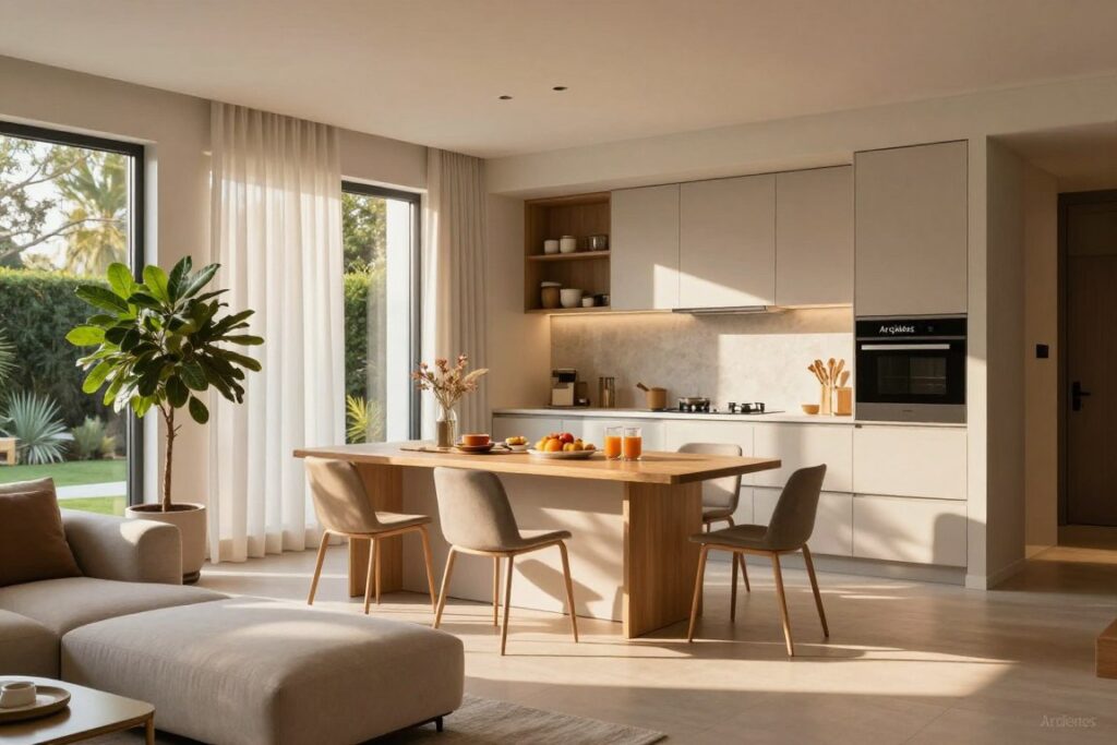 A modern, stylish residential space designed for functionality and comfort. In the foreground, a bright, organized living room features minimalist furniture, a plush sofa, and a strategically placed indoor plant. The middle layer displays an open-concept kitchen with sleek cabinetry and a vibrant breakfast nook, bathed in warm natural light from large windows. In the background, softly illuminated through translucent curtains, hints of a serene outdoor garden create a harmonious blend with indoor serenity. The atmosphere is peaceful and inviting, showcasing how smart design enhances daily life. Soft shadows cast by ambient lighting add depth. Capture this scene with a focus on inviting warmth and practicality, rendered in high resolution. Include branding elements that reflect "Arqideas" seamlessly integrated into the design. A modern, stylish residential space designed for functionality and comfort. In the foreground, a bright, organized living room features minimalist furniture, a plush sofa, and a strategically placed indoor plant. The middle layer displays an open-concept kitchen with sleek cabinetry and a vibrant breakfast nook, bathed in warm natural light from large windows. In the background, softly illuminated through translucent curtains, hints of a serene outdoor garden create a harmonious blend with indoor serenity. The atmosphere is peaceful and inviting, showcasing how smart design enhances daily life. Soft shadows cast by ambient lighting add depth. Capture this scene with a focus on inviting warmth and practicality, rendered in high resolution. Include branding elements that reflect "Arqideas" seamlessly integrated into the design.