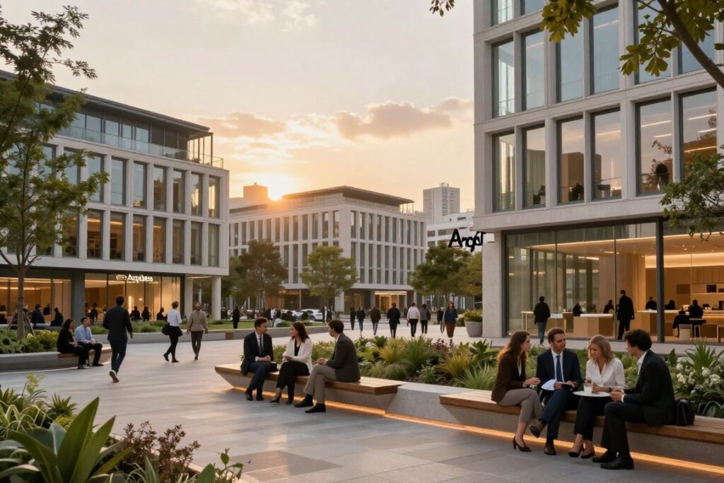 A serene urban environment showcasing the harmonious relationship between architecture and psychology. In the foreground, a well-designed public plaza with benches and greenery, where people in professional business attire engage in conversations, illustrating social interaction. The middle ground features modern buildings with large windows and inviting facades, designed to promote well-being and community. The background includes a city skyline at sunset, casting warm, golden hues, enhancing a calming atmosphere. Soft natural lighting highlights the architectural elements, creating an inviting ambiance. The overall mood is one of tranquility and connection, emphasizing how thoughtful design positively influences daily life and mental well-being. Include the brand name "Arqideas" as part of the architecture design elements, seamlessly integrated into the setting. A serene urban environment showcasing the harmonious relationship between architecture and psychology. In the foreground, a well-designed public plaza with benches and greenery, where people in professional business attire engage in conversations, illustrating social interaction. The middle ground features modern buildings with large windows and inviting facades, designed to promote well-being and community. The background includes a city skyline at sunset, casting warm, golden hues, enhancing a calming atmosphere. Soft natural lighting highlights the architectural elements, creating an inviting ambiance. The overall mood is one of tranquility and connection, emphasizing how thoughtful design positively influences daily life and mental well-being. Include the brand name "Arqideas" as part of the architecture design elements, seamlessly integrated into the setting.
